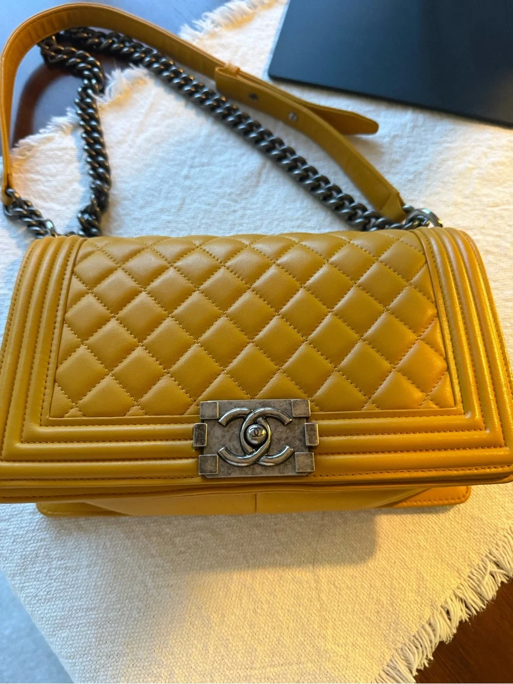🔥Last weekend in closet🔥CHANEL Quilted Boy Shoulder Bag in Mustard